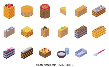 Napoleon cake icons set isometric vector. Wedding food. Party fruit