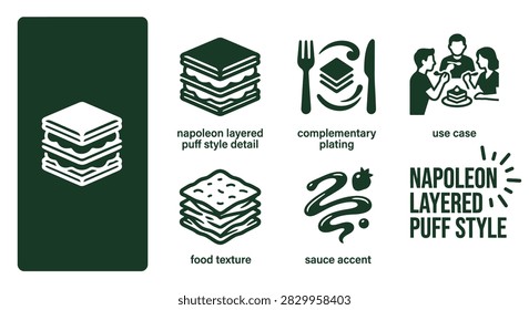 Napoleon Layered Puff Style Flat Vector Icon Set in Dark Forest Green and White. High-quality minimal graphics showing pastry layers, plating, food texture, and sauce accent icons.