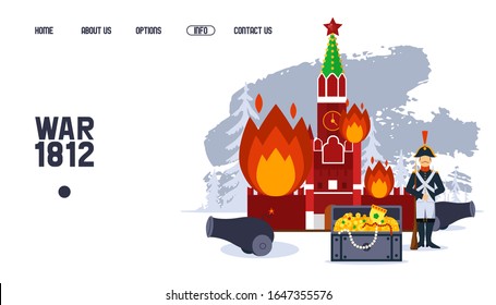 Napoleonic war in history of Russia, Kremlin in flames, vector illustration. Soldier cartoon character and treasure chest in flat style. Website about historic events, invasion, military conflict war