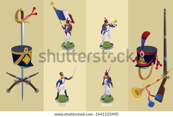 Napoleon's grenadiers french soldiers
and officer Set isometric icons on isolated
background