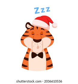 Napping funny tiger in Santa hat portrait isolated on white background. Adorable sleeping cartoon striped color character. Cute Chinese New Year symbol face. Christmas holiday flat vector illustration