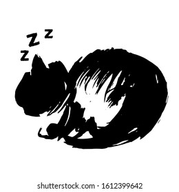 Napping kitten painted by brush. Vector stock illustration, hand drawn style. Isolated on a white background.