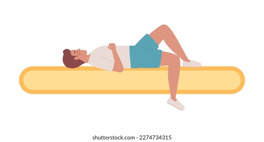 Napping man lying on loading bar semi flat color vector character. Editable loader on white for download, upload progress. Simple cartoon style spot illustration for web graphic design and animation