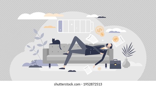 Napping and sleeping on couch to recharge human battery tiny person concept. Low power for businessman and tired or exhausted indicator vector illustration. Laying on bed and relaxing after long day.