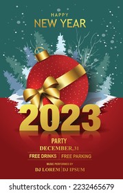 nappy new year 2023 background. Christmas red ball wrapping with golden ball . party invitation Vector illustration design