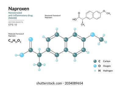 Naproxen. Nonsteroidal Anti-Inflammatory Drug (NSAID). C14H14O3. Structural Chemical Formula and Molecule 3d Model. Atoms with Color Coding. Vector Illustration 
