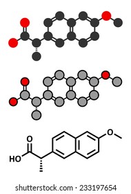 Naproxen pain and inflammation drug (NSAID) molecule. Conventional skeletal formula and stylized representations. 