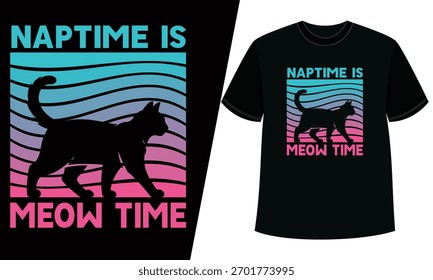 Naptime is meow time" cat silhouette retro sunset graphic t-shirt design
