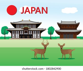 Nara Japan park with deer background with Todaiji - Big buddha temple drawing in vector