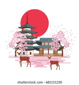 Nara park spring landscape with pagoda, shrine, deers and cherry blossom sakura trees.   Tourism in Japan. Vector design.
