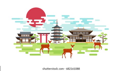 Nara park summer landscape with pagoda, shrine, torii gate, red sun, deers and green trees. Tourism in Japan. Vector design.