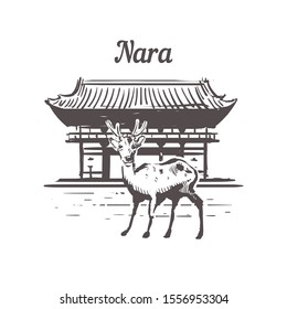 Nara skyline sketch. Nara hand drawn illustration isolated on white background.