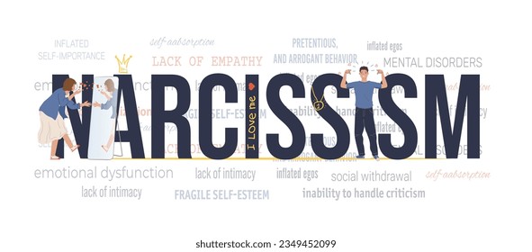 Narcissism big letters with symptoms of superiority text background flat vector illustration