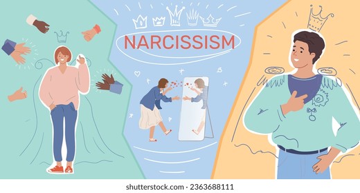 Narcissism flat collage depicting conceited characters with superior ego enjoying himself vector illustration