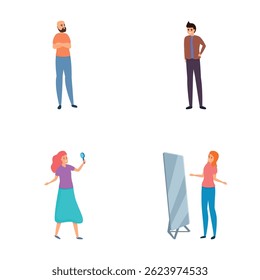 Narcissism icons set cartoon vector. Self confident people. Self admiration, psychology concept