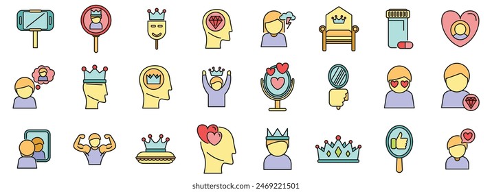 Narcissism icons set outline vector. Mental health. Emotion control thin line color flat on white