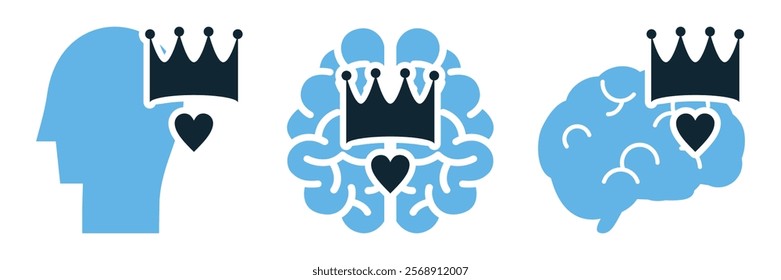 Narcissism Psychology Icon Set: Vector Illustrations Featuring Crown, Heart, and Brain Representing Narcissistic Traits and Ego-Centric Behavior