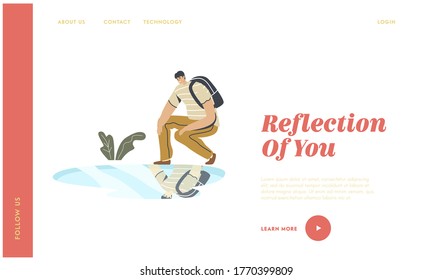 Narcissism Self-assessment and Personal Appearance Landing Page Template. Young Man Squat Looking on Reflection in Puddle on Ground after Rain. Male Character Smiling. Linear Vector Illustration