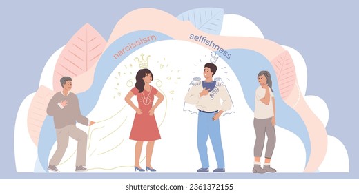 Narcissism and selfishness flat background depicting young people with superior ego vector illustration