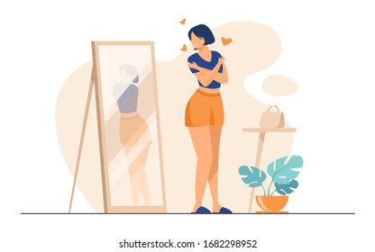 Narcissist lady standing at mirror and looking at reflection of her back. Young woman trying shirt on, hugging herself. Vector illustration for self love, self-esteem, female behavior concept