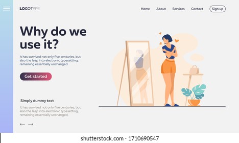 Narcissist lady standing at mirror and looking at reflection of her back. Young woman trying shirt on, hugging herself. Vector illustration for self love, self-esteem, female behavior concept