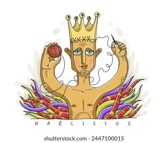 Narcissist man vector illustration, metaphor conceptual drawing of a young man wearing a crown symbolizing narcissism psychology disorder.