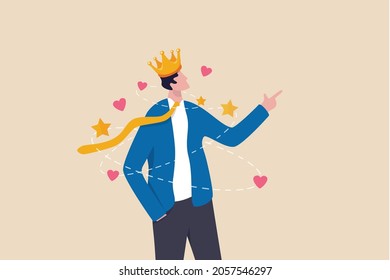 Narcissist people, extreme self involvement too much confident disorder, so proud attitude egocentric person, narcissism businessman admire himself and proud of his crown with love and stars around.