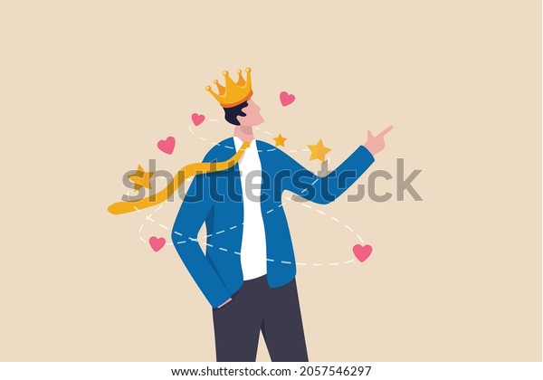 Narcissist people, extreme self involvement too\
much confident disorder, so proud attitude egocentric person,\
narcissism businessman admire himself and proud of his crown with\
love and stars\
around.