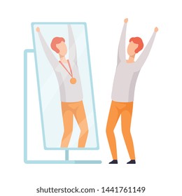 Narcissistic Man Character Looking at Mirror and Seeing in Reflection of Himself with Gold Medal, Person Overestimate Himself, Self Confidence, Motivation Vector Illustration