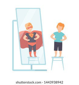 Narcissistic Man Character Looking at Mirror and Seeing Superhero, Person Overestimate Himself, Self Confidence, Motivation Vector Illustration