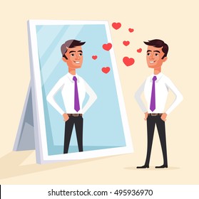 Narcissistic man character looks at mirror. Vector flat cartoon illustration