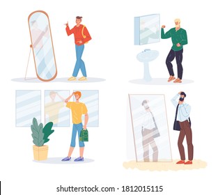 Narcissistic man posing front of mirror isolated set. Teenager student, athletic male person, hipster guy, businessman office worker looking at glass reflection enjoy trendy outfit fashion style