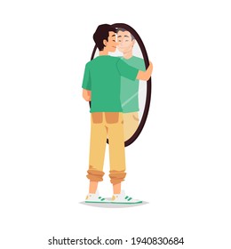 Narcissistic man with positive self acceptance looks at her reflection