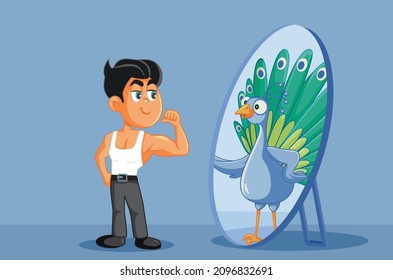 Narcissistic Man Seeing Proud Peacock in the Mirror. Funny man having overestimated high opinion of himself, bragging and flexing
