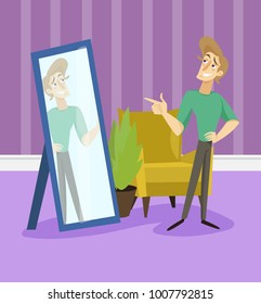 Narcissistic modern prince, funny young man character looking at mirror in living room, room interrior vector illustration