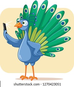 Narcissistic Peacock Taking a Selfie Vector Cartoon. Vain bird with beautiful feathers taking a self portrait
