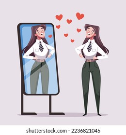 Narcissistic people character looks at mirror design element vector illustration concept