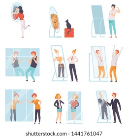 Narcissistic People Characters Looking at Mirror and Admiring of Themselves Set, Men, Women qnd Cat Overestimate Themselves, Self Confidence, Motivation Vector Illustration