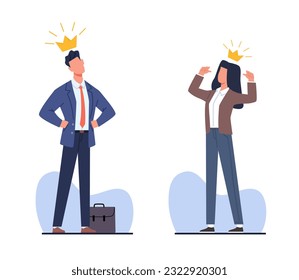 Narcissistic people, man and woman praised and proud of themselves, confidence egocentric attitude. Narcissist business people in crown. Cartoon flat isolated illustration. Vector concept