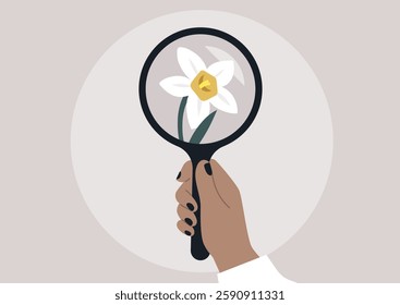 A narcissistic personality disorder shown as a hand holding a mirror that reflects a delicate flower, symbolizing the intertwining of self-obsession, grandiosity, and fragility