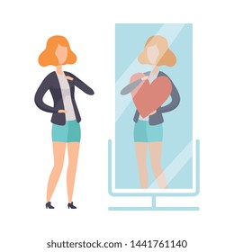 Narcissistic Woman Character Looking at Mirror and Seeing in Reflection of Herself with Red Heart, Girl Overestimate Herself, Self Confidence, Motivation Vector Illustration