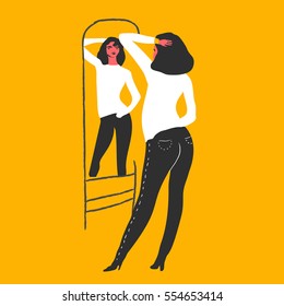 Narcissistic Woman Character Looks At Mirror. Vector Illustration. Narcissism Concept.