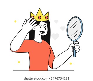 Concepto de mujer narcisista. La muchacha joven en la corona mira su reflejo en el espejo. Persona con alta autoestima y amor propio. Empresaria confiada. Ilustración vectorial lineal