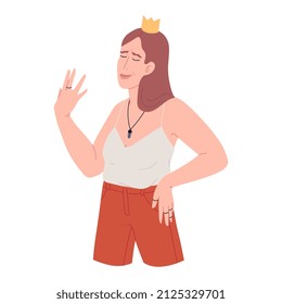 A narcissistic woman with a crown on her head. A symptom of schizophrenia: megalomania. Conceptual illustration of a mental disorder. Flat cartoon picture.
