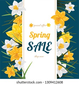 Narcissus blossom for 8 March, Mother's day, Women's day. Great bright typography frame for sale banner, invitation template. Celebration, greeting spring holiday card. Springtime vector background.