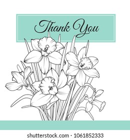 Narcissus daffodil spring flowers reusable isolated elements template set. Black and white vector design illustration. Detailed outline sketch drawing. Bouquet garland foliage composition.