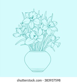 Narcissus daffodils flowerpot. Isolated spring flowers outline on blue background.