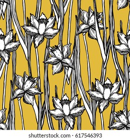 Narcissus daffodils seamless spring floral pattern. Beige flowers foliage garland on bright yellow background. Realistic detailed botanical outline sketch drawing vector design illustration.