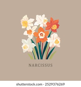 Narcissus. December Birth month flower. Birth flowers vintage floral illustrations, retro flower market poster. Silkscreen printing retro groovy trippy psychedelic poster art. Simple minimal 1960's. 