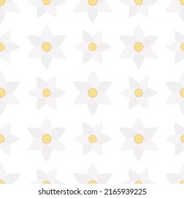 Narcissus. Delicate white flower with a curly yellow core. Seamless vector pattern. Isolated background. Flat style. Endless summer ornament. Delicate floral background. Idea for web design, wallpaper